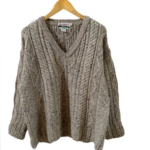 Celtic Country 100% Wool Made in Ireland Fisherman Chunky Knit V Neck Sweater M - Picture 1 of 8